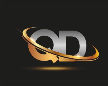 İlk harf QD logotype şirketi. Renkli altın ve gümüş rengi desenli. Siyah arkaplanda izole.