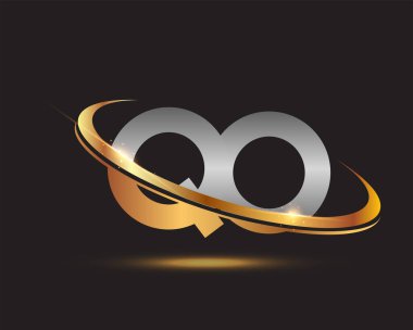 İlk harf QO logotype şirketi. Renkli altın ve gümüş rengi desenli. Siyah arkaplanda izole.