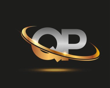 QP logotype şirketinin ilk harfi. Renkli altın ve gümüş rengi desenli. Siyah arkaplanda izole.