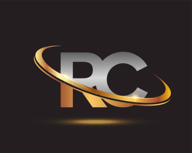 İlk harf RC logotype şirketi. Renkli altın ve gümüş rengi desenli. Siyah arkaplanda izole.