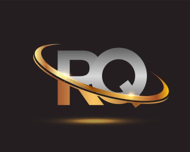 İlk harfi RQ logotype şirketi. Renkli altın ve gümüş rengi desenli. Siyah arkaplanda izole.