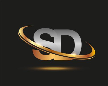 İlk harfi SD logotype şirketi. Renkli altın ve gümüş rengi desenli. Siyah arkaplanda izole.