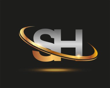 İlk harfi SH logotype şirketi. Renkli altın ve gümüş rengi desenli. Siyah arkaplanda izole.