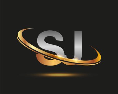İlk harfi SJ logotype şirketi. Renkli altın ve gümüş rengi desenli. Siyah arkaplanda izole.