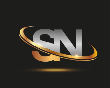 İlk harfi SN logotype şirketi. Renkli altın ve gümüş rengi desenli. Siyah arkaplanda izole.