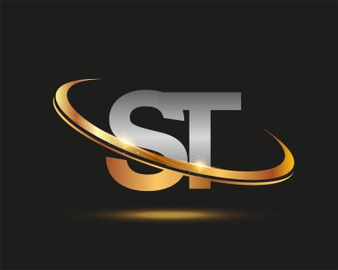 İlk harf ST logotype şirketinin adı altın ve gümüş rengi. Siyah arkaplanda izole.