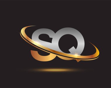 İlk harfi SQ logotype şirketi. Renkli altın ve gümüş rengi desenli. Siyah arkaplanda izole.
