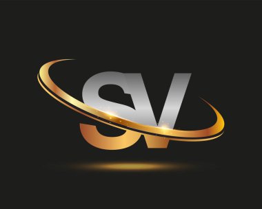 İlk harfi SV logotype şirketi. Renkli altın ve gümüş rengi desenli. Siyah arkaplanda izole.