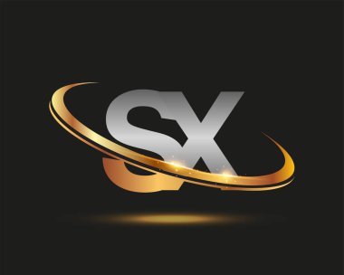 İlk harfi SX logotype şirketi. Renkli altın ve gümüş rengi desenli. Siyah arkaplanda izole.