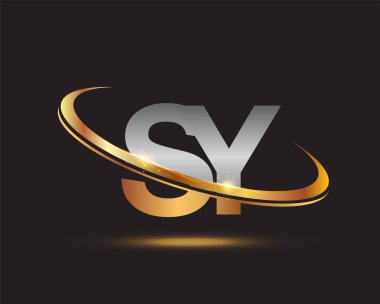 İlk harfi SY logotype şirketi. Renkli altın ve gümüş rengi desenli. Siyah arkaplanda izole.