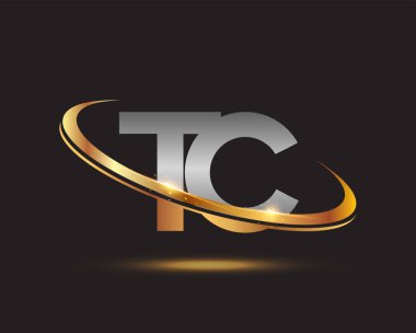İlk harf TC logotype şirketi. Renkli altın ve gümüş rengi desenli. Siyah arkaplanda izole.