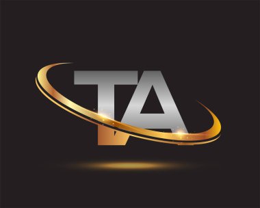 İlk harf TA logotype şirketi. Renkli altın ve gümüş rengi desenli. Siyah arkaplanda izole.