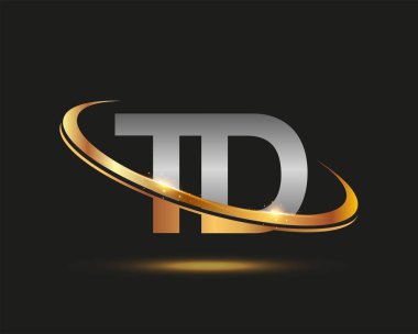 İlk harfi TD logotype şirketi. Renkli altın ve gümüş rengi desenli. Siyah arkaplanda izole.