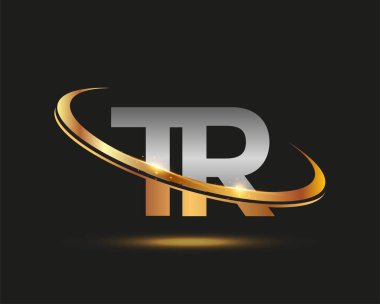 İlk harfi TR logotype şirketi. Renkli altın ve gümüş rengi desenli. Siyah arkaplanda izole.