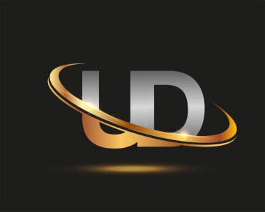 İlk harf UD logotype şirketi. Renkli altın ve gümüş rengi desenli. Siyah arkaplanda izole.