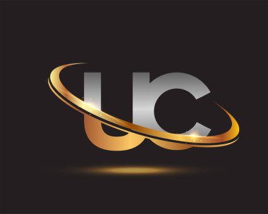 İlk harfi UC logotype şirketi. Renkli altın ve gümüş rengi desenli. Siyah arkaplanda izole.