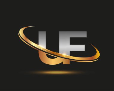 İlk harfi UF logotype şirketi. Renkli altın ve gümüş rengi desenli. Siyah arkaplanda izole.