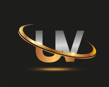 İlk harfi UV logotype şirketi. Renkli altın ve gümüş rengi desenli. Siyah arkaplanda izole.