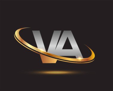 İlk harfi VA logotype şirketi. Renkli altın ve gümüş rengi desenli. Siyah arkaplanda izole.