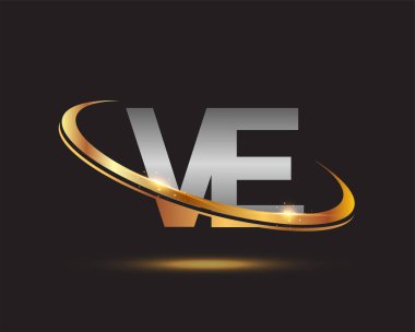 İlk harf VE logotype şirketinin adı altın ve gümüş rengi. Siyah arkaplanda izole.