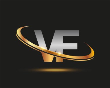 İlk harfi VF logotype şirketi. Renkli altın ve gümüş rengi desenli. Siyah arkaplanda izole.