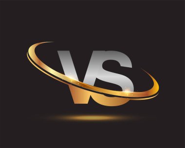 İlk harf VS logotype şirketi. Renkli altın ve gümüş rengi desenli. Siyah arkaplanda izole.