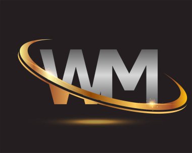 İlk harfi WM logotype şirketi. Renkli altın ve gümüş rengi desenli. Siyah arkaplanda izole.