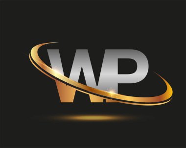 İlk harf WP logotype şirketinin adı altın ve gümüş rengi Swoosh tasarımı. Siyah arkaplanda izole.