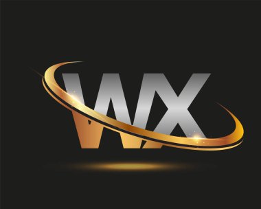 İlk harfi WX logotype şirketi. Renkli altın ve gümüş rengi desenli. Siyah arkaplanda izole.