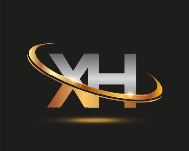 İlk harfi XH logotype şirketi. Renkli altın ve gümüş rengi desenli. Siyah arkaplanda izole.