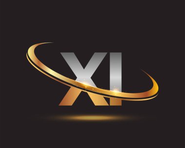 İlk harf XI logotype şirketinin adı altın ve gümüş rengi desenli. Siyah arkaplanda izole.