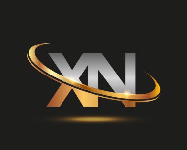 İlk harfi XN logotype şirketi. Renkli altın ve gümüş rengi desenli. Siyah arkaplanda izole.