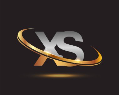 İlk harf XS logotype şirketi. Renkli altın ve gümüş rengi desenli. Siyah arkaplanda izole.