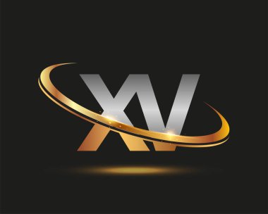 İlk harfi XV logotype şirketi. Renkli altın ve gümüş rengi desenli. Siyah arkaplanda izole.