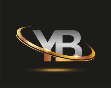 İlk harf YB logotype şirketi. Renkli altın ve gümüş rengi desenli. Siyah arkaplanda izole.