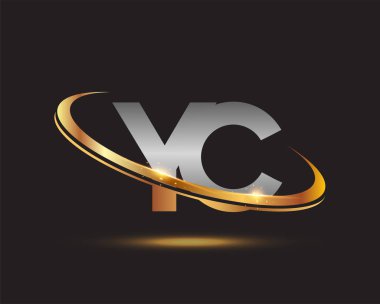 İlk harf YC logotype şirketi. Renkli altın ve gümüş rengi desenli. Siyah arkaplanda izole.