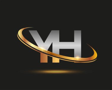 İlk harfi YH logotype şirketi. Renkli altın ve gümüş rengi desenli. Siyah arkaplanda izole.