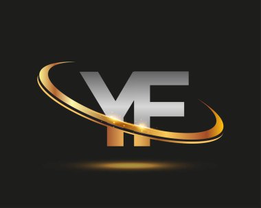 İlk harfi YF logotype şirketi. Renkli altın ve gümüş rengi desenli. Siyah arkaplanda izole.