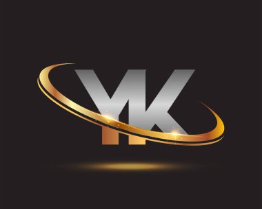 İlk harfi YK logotype şirketi. Renkli altın ve gümüş rengi desenli. Siyah arkaplanda izole.