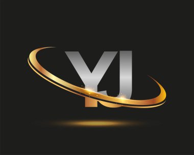 İlk harfi YJ logotype şirketi. Renkli altın ve gümüş rengi desenli. Siyah arkaplanda izole.