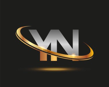 İlk harfi YN logotype şirketi. Renkli altın ve gümüş rengi desenli. Siyah arkaplanda izole.