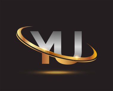 İlk harfi Yu logotype şirketi. Renkli altın ve gümüş rengi desenli. Siyah arkaplanda izole.