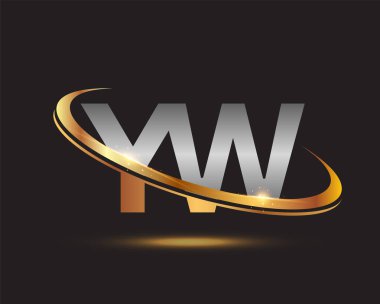 İlk harfi YW logotype şirketi. Renkli altın ve gümüş rengi desenli. Siyah arkaplanda izole.