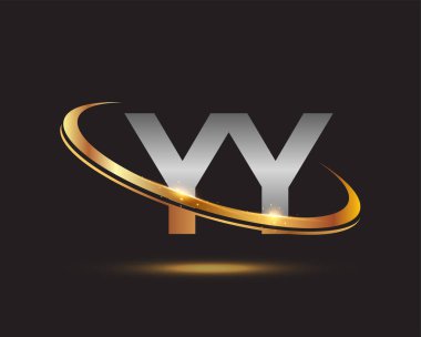 İlk harfi YY logotype şirketi. Renkli altın ve gümüş rengi desenli. Siyah arkaplanda izole.