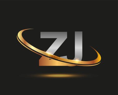 İlk harf ZJ logotype şirketi. Renkli altın ve gümüş rengi desenli. Siyah arkaplanda izole.