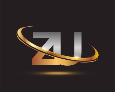 İlk harfi ZU logotype şirketi. Renkli altın ve gümüş rengi desenli. Siyah arkaplanda izole.