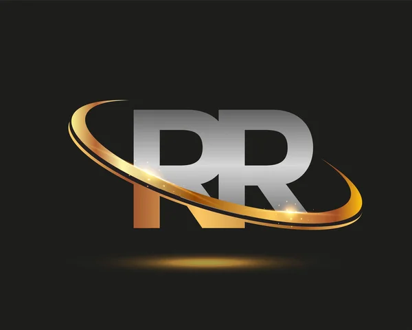 頭文字のRr型ロゴタイプ会社名は金と銀のスウッシュデザイン 黒い背景に隔離され — ストックベクタ