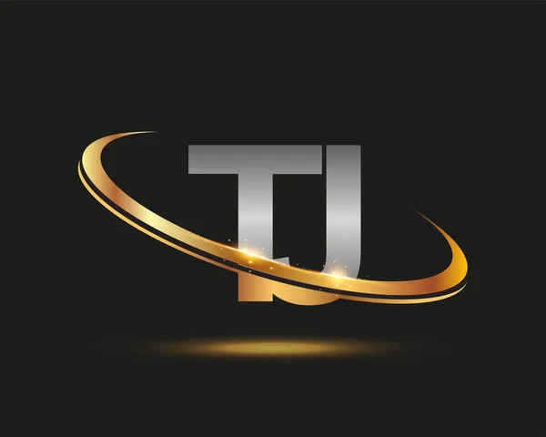 最初的字母Tj标志公司的名称有色黄金和银Swoosh设计 在黑色背景上隔离 — 图库矢量图片