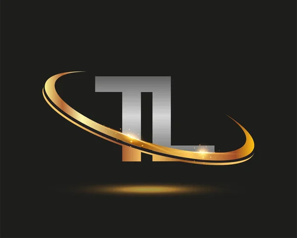 最初的字母Tl标志类型公司的名称有色黄金和银Swoosh设计 在黑色背景上隔离 — 图库矢量图片