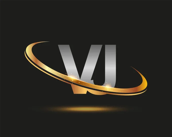 最初的字母Vj标志公司的名称有色黄金和银Swoosh设计 在黑色背景上隔离 — 图库矢量图片